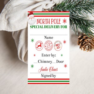 Editable North Pole Special Delivery Christmas Gift Tag Template Printable Kids Present Tag Gift From Santa Claus Kids Santa Gift Tag Corjl