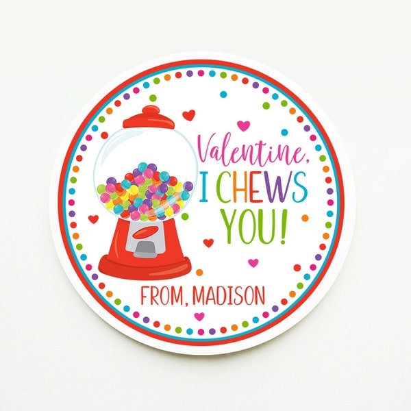 Editable Red I Chews You Valentine Tag, Bubble Gum Printable Valentine Tag For Kids School, Kids Valentines, Preschoolers and Daycare, Corjl