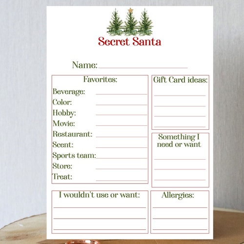 Secret Santa Questionnaire Printable Virtual Gift Exchange - Etsy
