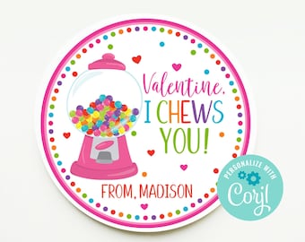 Editable I Chews You Valentine Tag, Bubble Gum Printable Valentine Tag For Kids School, Preschoolers and Daycare, Kids Valentines, Corjl