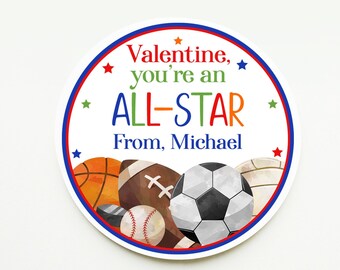 All Star Sports Valentine Tags, Kids Valentines For School Classroom Friends, Boys Valentines, Valentine's Day Class Party, Basketball