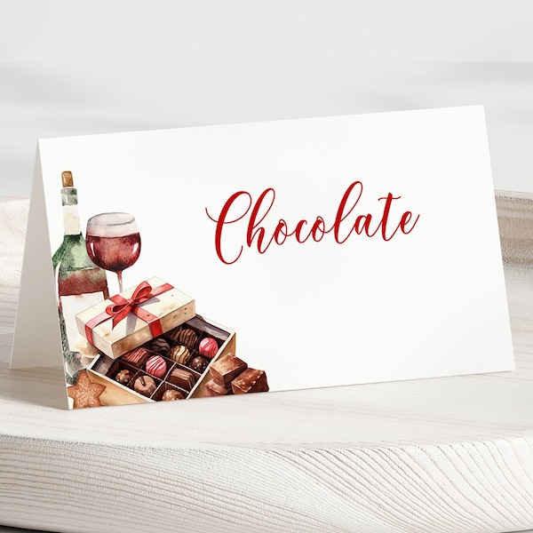 Editable Wine & Chocolate Christmas Party Food And Place Card Template, Printable Holiday Table Decor, Wine Tasting Party, Corjl, WCCP