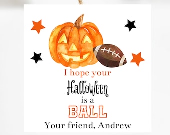 Tag modificabile per il trattamento di Halloween del calcio Modello per tag del trattamento Tag stampabile per lo sport di Halloween Tag di Halloween della scuola Squadra di calcio Halloween Corjl