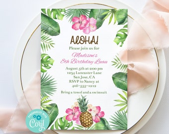 Editable Luau Invitation, Aloha Invitation, Luau Birthday Invitation Template, Luau Graduation, Printable Invitation, Corjl, Tropical, Aloha