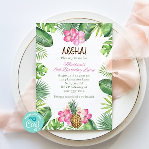 Editable Luau Invitation, Aloha Invitation, Luau Birthday Invitation Template, Luau Graduation, Printable Invitation, Corjl, Tropical, Aloha