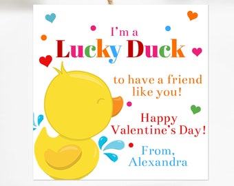 Editable Lucky Duck Valentine's Day Gift Tag Template, Printable Colorful Rubber Duck Valentines For School Classroom Party, Corjl