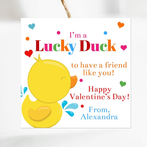 Editable Lucky Duck Valentine's Day Gift Tag Template, Printable Colorful Rubber Duck Valentines For School Classroom Party, Corjl