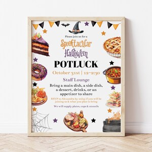Bearbeitbare Halloween Potluck Flyer Vorlage, druckbare spooktacular Halloween Büroparty, Halloween Mitarbeiter Mittagessen, Büro Potluck, Corjl