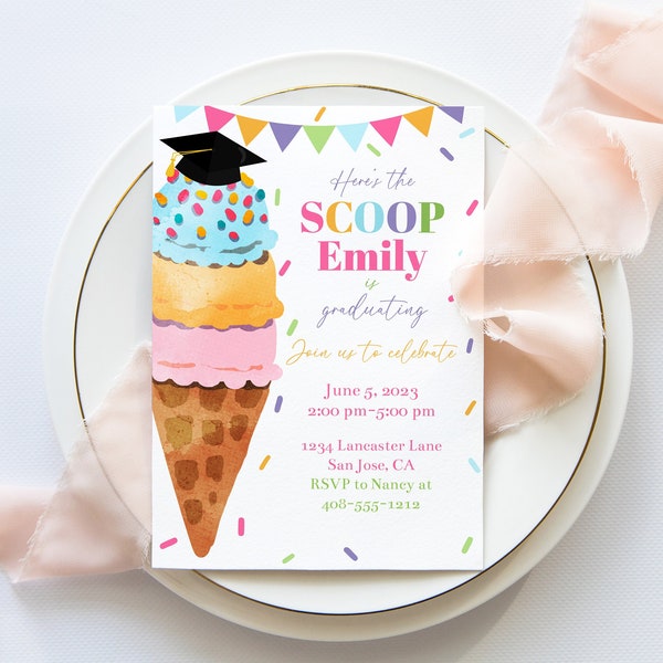 Editable Ice Cream Graduation Invitation Template, Class of 2023, Printable Invitation, Ice Cream Grad Party Announcement, Corjl, WCSC