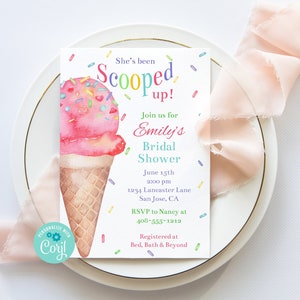Editable Bridal Shower Invitation, She&#39;s Been Scooped Up, Ice Cream Bridal Shower, Wedding Shower Invite, Invitation Template, Corjl, SCIC