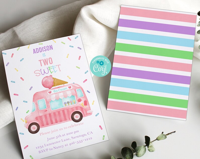 Two Sweet Ice Cream Birthday Party Invitation Template 2nd Birthday Party Editable Ice Cream Birthday Party Invite Corjl