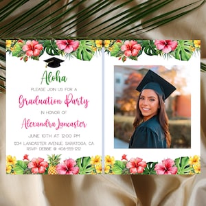 Editable Luau Graduation Invitation Template Printable Hawaiian Class Of 2024 Invite Tropical High School Or College Grad College Corjl HLGP