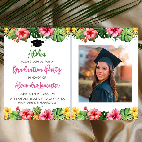 Editable Luau Graduation Invitation Template Printable Hawaiian Class Of 2024 Invite Tropical High School Or College Grad College Corjl HLGP