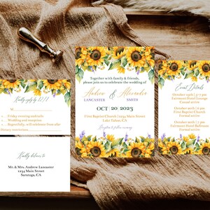 Modèle de faire-part de mariage tournesol & lavande modifiable, invitation de mariage tournesol rustique imprimable détails de l'événement carte RSVP, Corjl SLWE