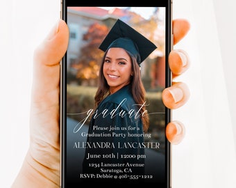 May include: A smartphone screen displaying a graduation party invitation for Alexandra Lancaster. The invitation includes the date, time, location, and RSVP information. The background image shows a young woman wearing a graduation cap and gown.