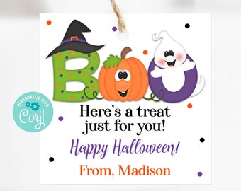 May include: A white Halloween gift tag with a string. The tag features the word "BOO" with a witch hat, pumpkin, and ghost. Text reads "Here's a treat just for you! Happy Halloween! From, Madison."