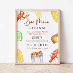 Modèle modifiable de signe de menu de bar à écrevisses, signe de bar à écrevisses, décorations de fête imprimables de langoustines, signe de cocktails de fruits de mer, Corjl, CRAW