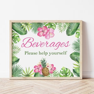 Beverages Sign, Luau Party, Luau Birthday, Luau Decorations, Hawaiian Party, Drinks Sign, Luau Party Decor, Printable Sign, Instant, Aloha