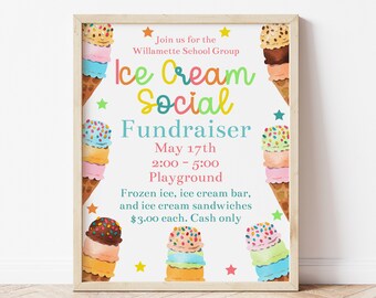 Plantilla editable de volante para recaudación de fondos escolares con helados, fiesta de helados imprimible, evento familiar en la iglesia, volante de helados de verano, Corjl