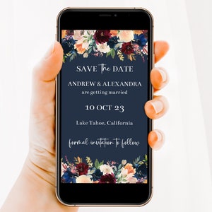 Editable Fall In Love Navy & Burgundy Floral Wedding Save The Date Evite Template, Electronic Autumn Wedding Save Our Date, Corjl, NRSH