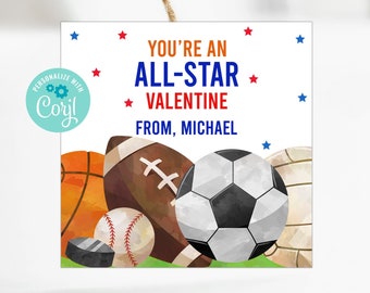 Editable All Star Sports Valentine Tag, Boys Valentines, Kids Valentines for Classroom and School, Printable, Corjl, Instant Download