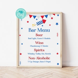 Panneau modifiable du menu du bar du 4 juillet, rouge, blanc et deux petits pétards, décorations de fête d'été, Corjl, menu de bar imprimable, Taylor