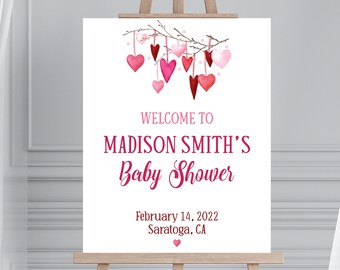 Editable Valentine Sweetheart Baby Shower Welcome Sign Template, Printable Pink And Red Hearts Girl Baby Shower Valentine's Decor, Corjl