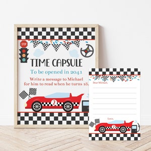 Bewerkbare retro raceauto 1e verjaardag tijdcapsule teken en kaartsjabloon, afdrukbare raceauto eerste verjaardagsfeestdecoratie, Corjl, RERC