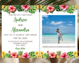Editable Luau Hibiscus Wedding Invitation Template, Printable Tropical Destination Wedding Invitation, Hawaiian Wedding Invite, Corjl, WDLH