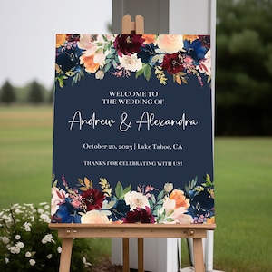 Modèle de signe de bienvenue de mariage floral bleu marine et bordeaux modifiable Fall In Love, décorations de mariage bleu imprimables, panneau d&#39;entrée, Corjl, NRSH