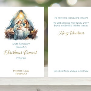 May include: A Christmas Concert Program for Smith Elementary, Grades K-5, featuring a watercolor illustration of the Nativity scene. The program includes the date, December 11, 2023, and location, Saratoga, CA. The back of the program wishes the audience a Merry Christmas.