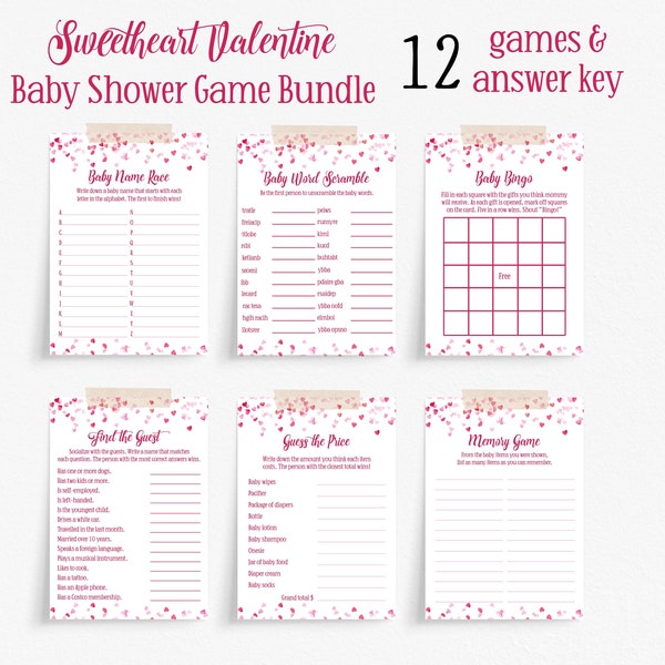 Printable A Little Sweetheart Valentine Baby Shower Game Bundle Heart Theme Baby Shower Game Pack Pink Baby Shower Activities Instant VHCS