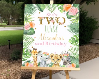 Editable Two Wild Birthday Welcome Sign Template, Printable Safari Jungle Welcome Sign, Girls 2nd Birthday Welcome Board, Corjl, GGSB