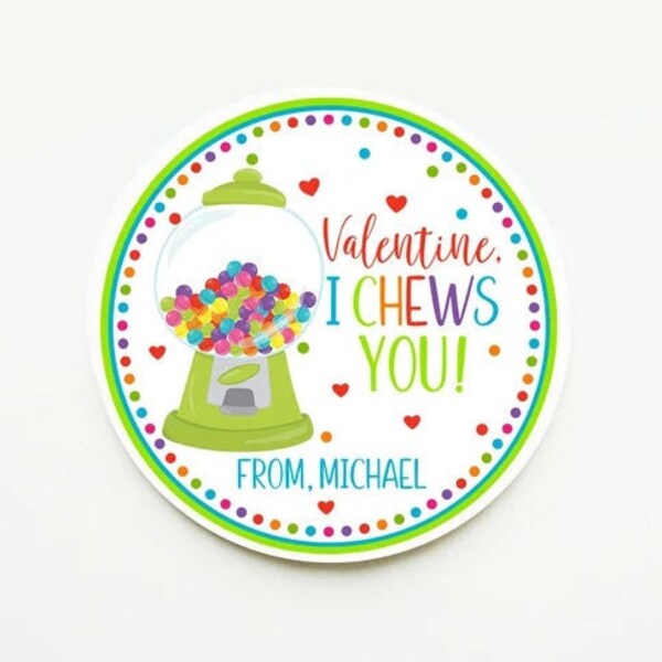 Printable I Chews You Valentine Tag, Bubble Gum Printable Valentine Tag For Kids School, Preschoolers and Daycare, Kids Valentines, Corjl