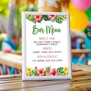 Bearbeitbare Luau Bar Menü Zeichenvorlage, druckbare tropisch hawaiianische Klasse von 2024 Partydekorationen, Hibiskus-Geburtstagsfeier, Corjl, HLRP