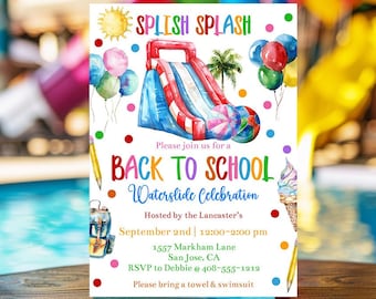 Modèle d'invitation de rentrée scolaire modifiable, invitation à une fête de fin d'été imprimable, anniversaire d'école de toboggan aquatique, fête à la piscine, Corjl