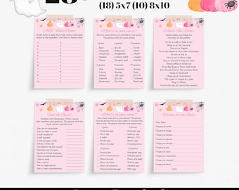 May include: A collection of baby shower games with a Halloween theme. The image features game cards with pink and orange accents, a ghost illustration, and text that reads "28 games included." The games include "ABC Baby Game" and "Would She Rather."