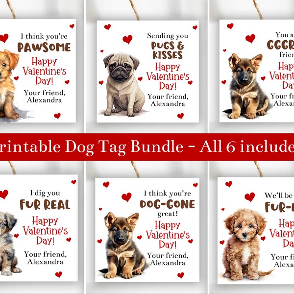 Editable Dog Valentines Cards Bundle Set Templates, Puppy Valentines For Kids School, Printable Pawsome Valentines Day Tags, Corjl