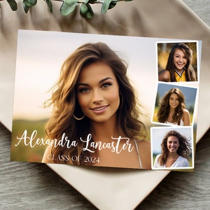 May include: Graduation announcement card featuring a collage of photographs. The main image shows a young woman with long brown hair smiling. The text on the card reads "Alexandra Lancaster Class of 2024".