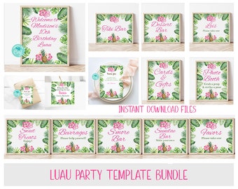 Puede incluir: Un paquete de plantillas de fiesta luau imprimibles con 10 carteles con hojas tropicales, flores rosas y piñas. Los carteles incluyen: bienvenida, bar tiki, bar de postres, leis, tarjetas y regalos, cabina de fotos, dulces, bebidas, bar de malvaviscos, bar de sundae y favores.