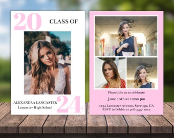 Editable Class Of 2024 Graduate Photo Announcement Template, Printable Senior Grad Card, White & Pink Graduation Invitation, Corjl GR65