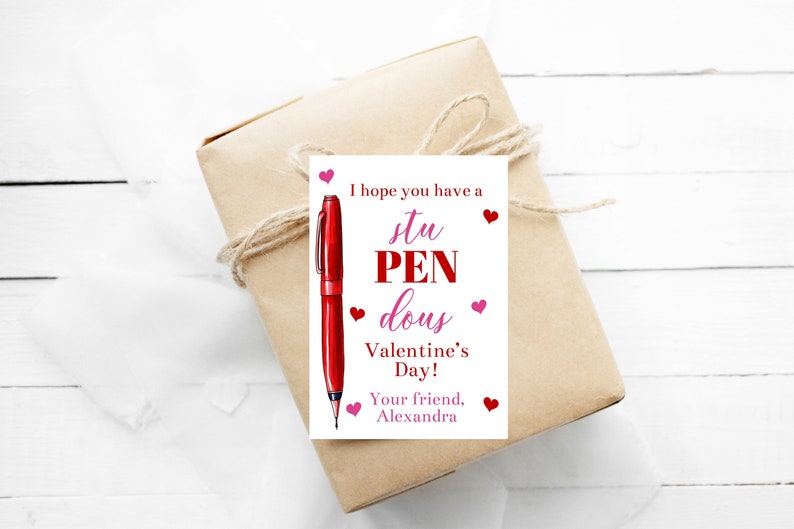 Editable StuPENdous Valentines Tag Template, Printable Pink & Red Pen Valentine's Day Classroom Gifts Card, Kindergarten Valentine, Corjl
