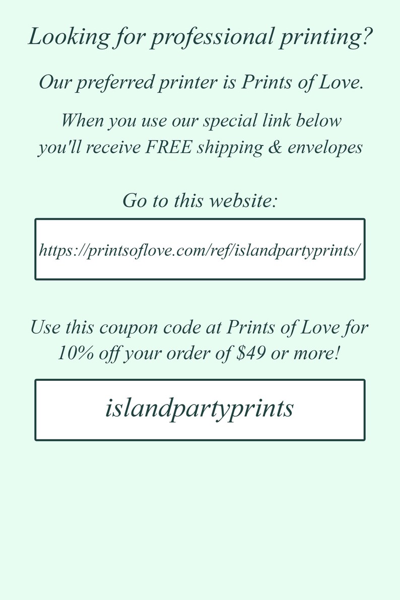 Pu&ograve; includere: Sfondo verde chiaro con testo che promuove Prints of Love per la stampa professionale. Include un link al sito web e un codice coupon "islandpartyprints" per uno sconto del 10% sugli ordini di 49 &euro; o pi&ugrave;.