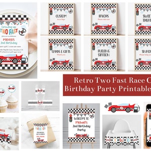 Editable Two Fast Race Car Birthday Bundle Templates, Printable Retro Race Car Party Decorations, Racing 2nd Birthday Invitation, Corjl RERC
