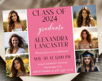 Editable Bright Pink Graduation Photo Collage Announcement Template, Printable Graduation Class of 2024 Senior Photo Invitation, Corjl GR98
