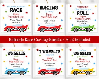 Bearbeitbare Rennwagen-Valentinsgrußkarten-Bundle-Vorlagen, Rennwagen-Valentinstagskarten für die Kinderschule, druckbare Wheelie-Valentinstagtags, Corjl