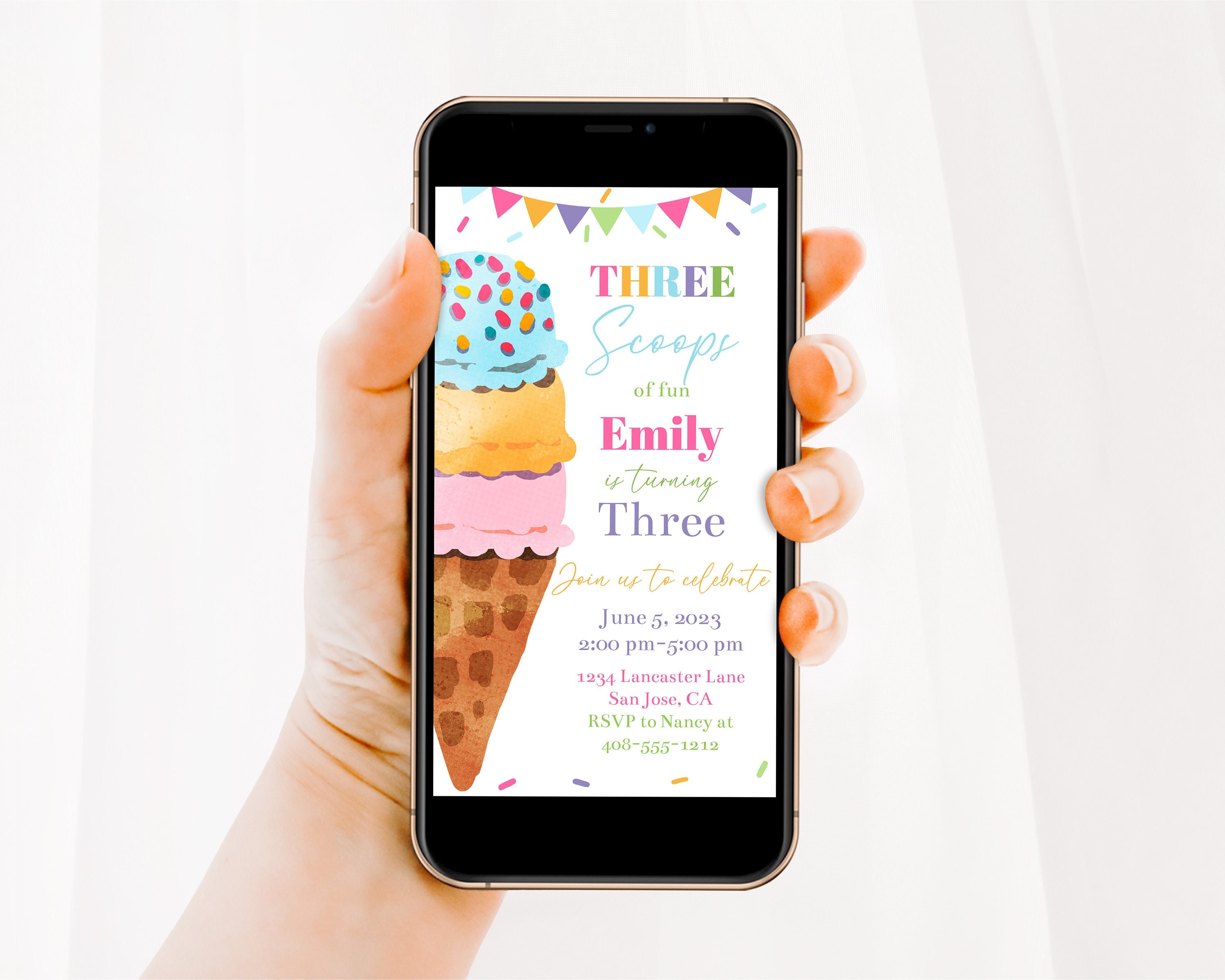 Editable Three Scoops Of Fun 3rd Birthday Ice Cream Digital Invitation Template, Electronic Third Birthday Invite, Mobile Invitation, Corjl