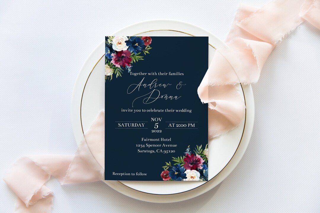 Navy and Burgundy Wedding Invitation Template Floral Wedding - Etsy