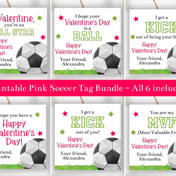 Editable Pink Soccer Valentines Tag Bundle Set Templates Soccer Valentines For Kids School Printable Girls Valentines Class Valentine Corjl