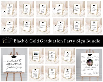 Plantillas editables para carteles de graduación, decoración imprimible para la clase de 2024, graduación de secundaria o universidad en negro y dorado, Corjl